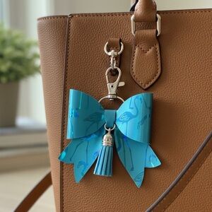 Flamingo Embossed Teal Bow Bag Charm Key Chain